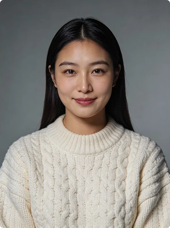 Young woman with long black hair wearing a white cable-knit sweater, smiling at the camera.