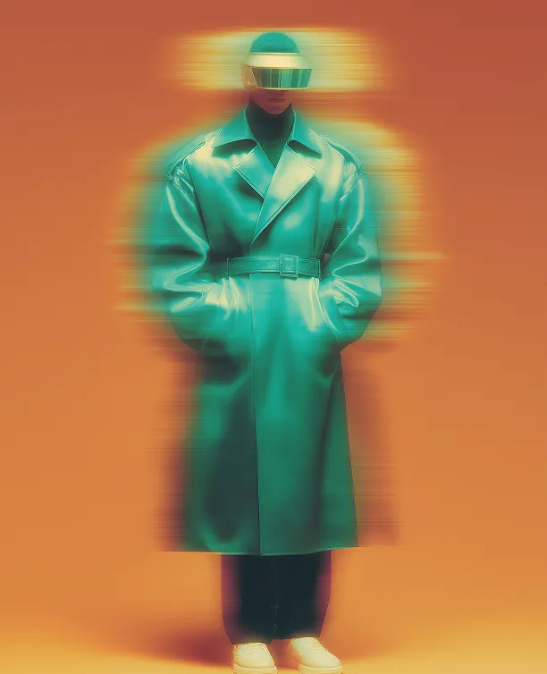 Person in shiny teal trench coat and visor standing against an orange background with glitch effect.