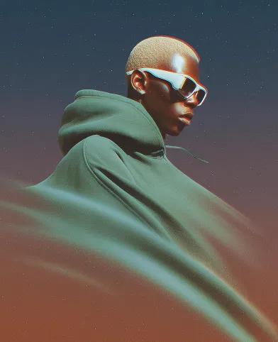 Person with short blonde hair wearing large white sunglasses and a green hoodie against a starry sky.