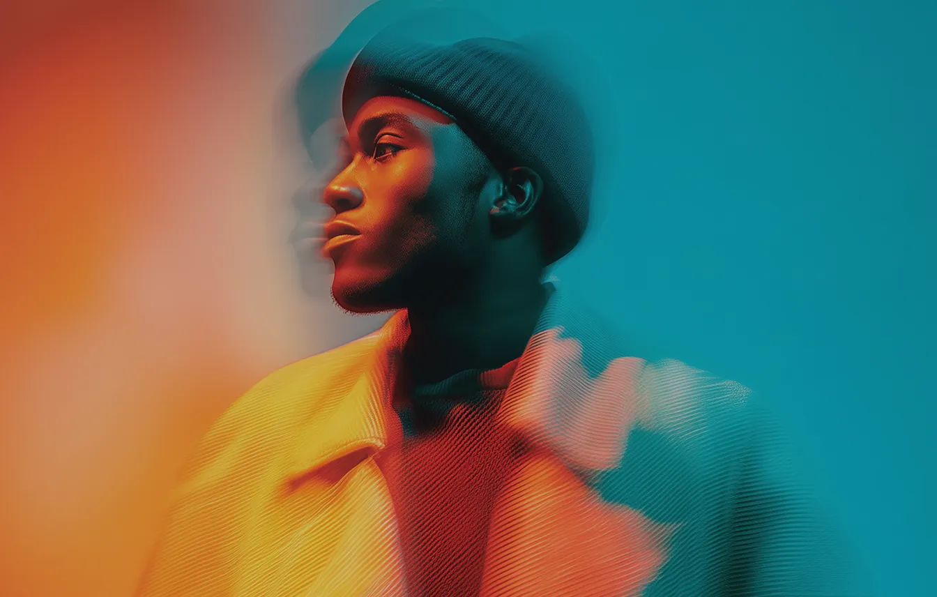 Profile portrait of a man wearing a beanie and jacket with an artistic double exposure effect.