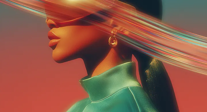 Profile of a woman wearing large translucent glasses and gold hoop earrings with light streaks across the image.