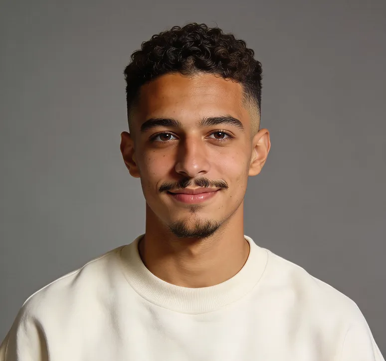 Young man with curly hair, mustache, and goatee wearing a white sweatshirt against gray background.