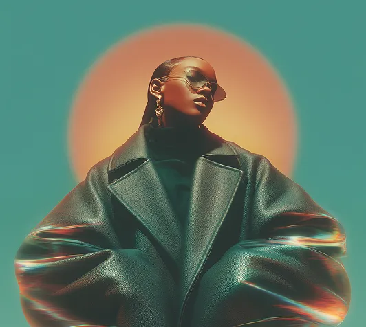 Person wearing large leather jacket and sunglasses with glowing halo effect behind them.