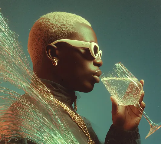 Stylish person with short blonde hair and white sunglasses drinking sparkling water from a wine glass.