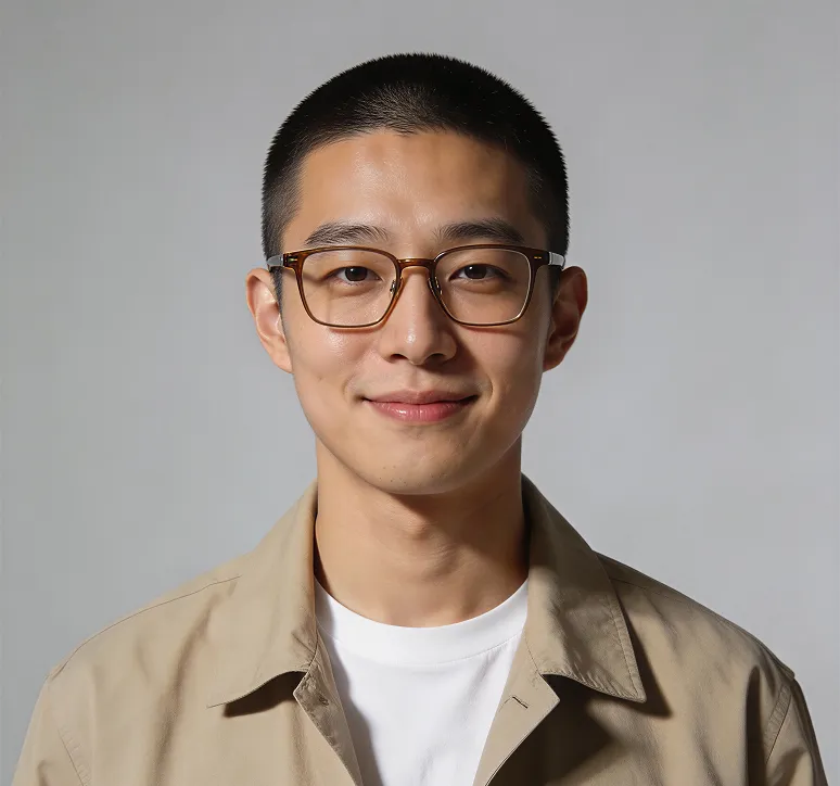 Smiling young man with short hair, glasses, beige jacket, and white shirt on gray background.