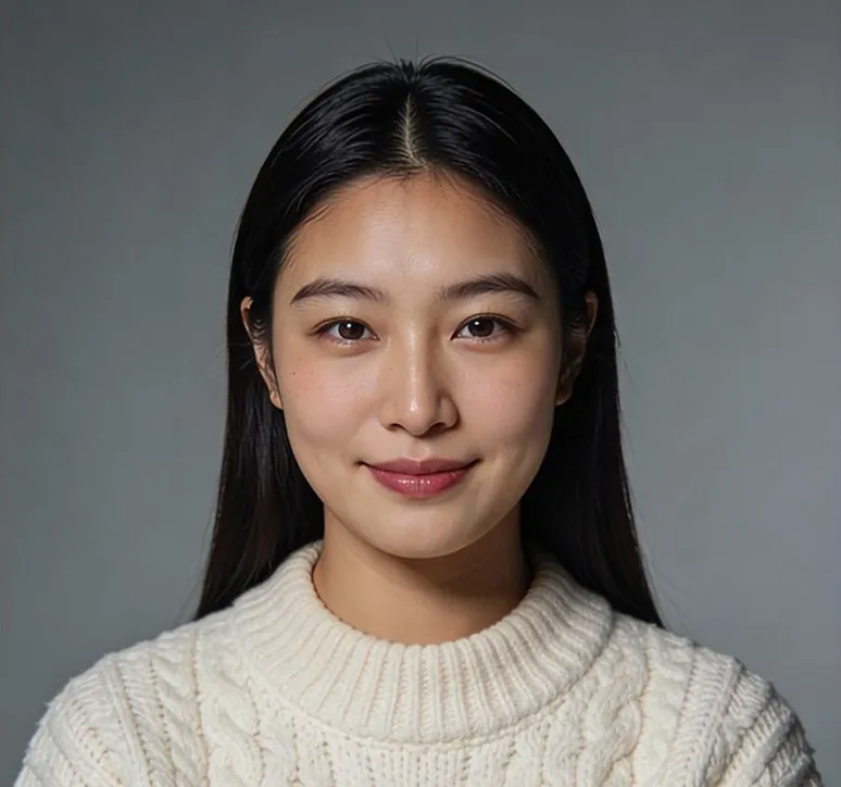 Smiling woman with long black hair wearing a white knitted sweater against a neutral gray background.