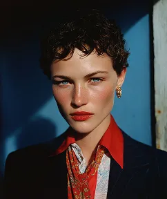 Woman with short curly hair, red lipstick, wearing a red shirt and dark jacket against a dark background.