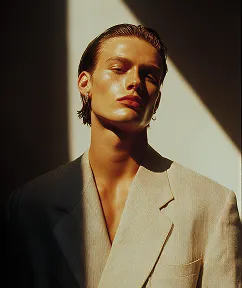Person with slicked-back hair wearing a beige blazer in warm side light with shadowed background.
