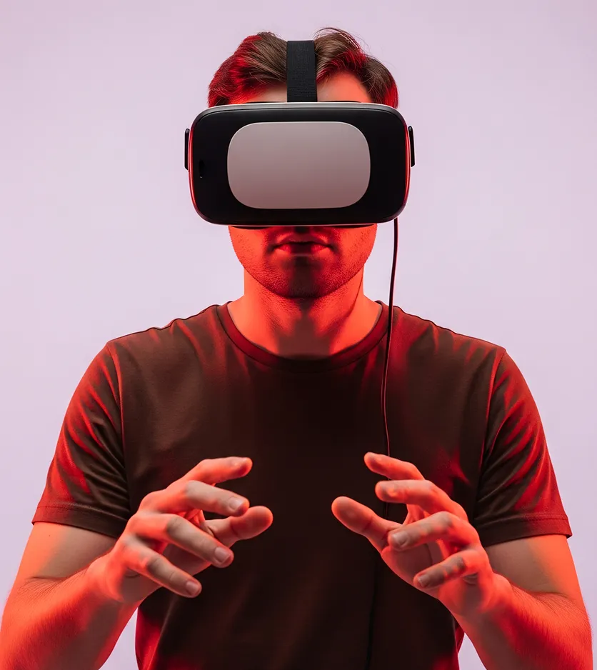 Man wearing virtual reality headset with hands raised as if interacting in VR environment.