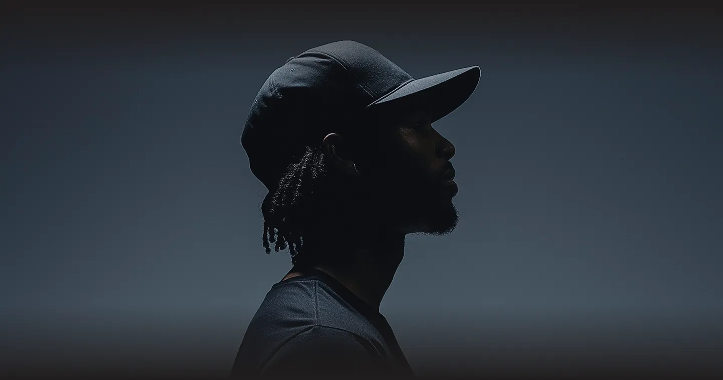 Side profile of a man in a dark baseball cap and shirt against a gradient dark background.