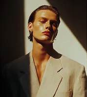 Portrait of a person with slicked-back hair, wearing a two-tone blazer against a shadowed background.