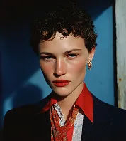 Portrait of a person with short curly hair, wearing a red shirt, navy jacket, and earrings, against a dark background.