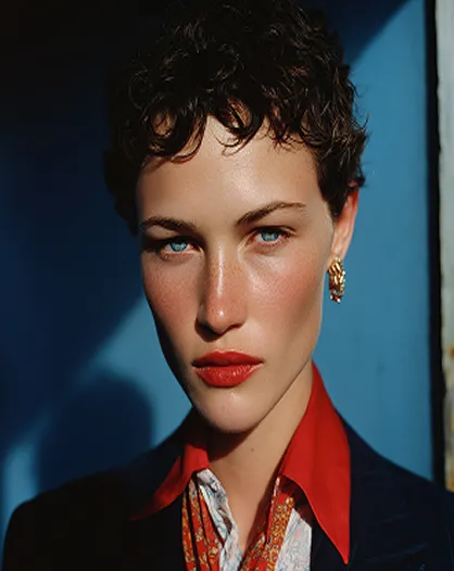 Portrait of a person with short curly hair, blue eyes, red lipstick, wearing a red-collared shirt and gold earring.