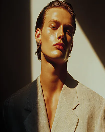 Young person with slicked-back hair and split-tone blazer in dramatic lighting.