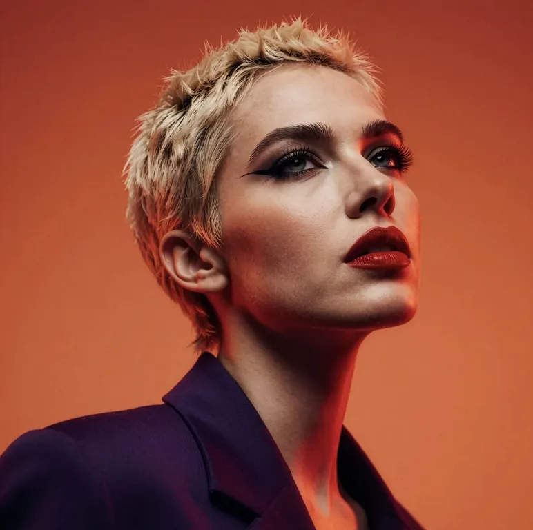 Close-up of a woman with short blonde hair, bold eyeliner, red lipstick, and a dark jacket against orange background.