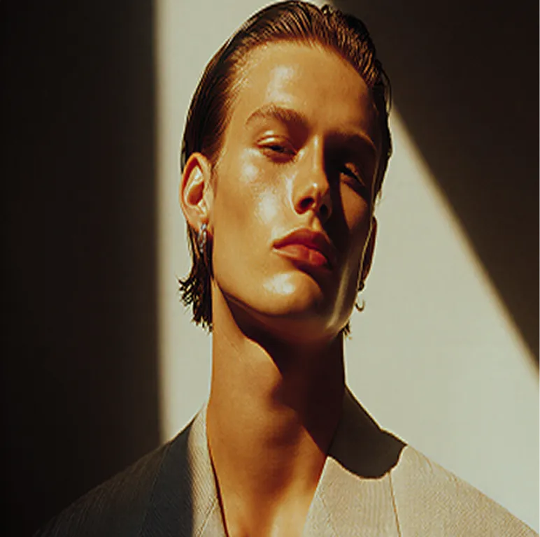 Portrait of a young person with slicked-back hair in a blazer against a beige and dark background.