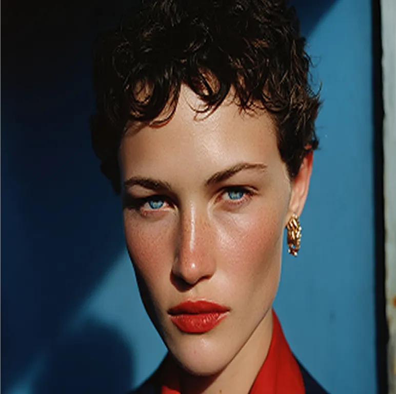Close-up of a woman with short curly hair, blue eyes, red lipstick, and gold earrings against a blue background.