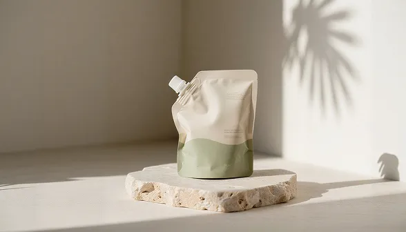Beige and green refill pouch with spout on a hexagonal stone slab casting shadows on wall.