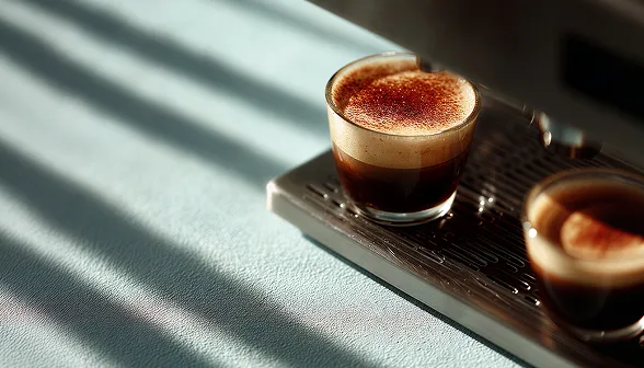 Two espresso cups with crema on a metal tray, one in focus, bathed in soft sunlight and shadow.