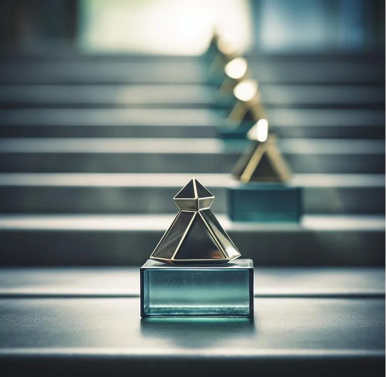 Row of geometric glass trophies on steps with a focused trophy in the front.