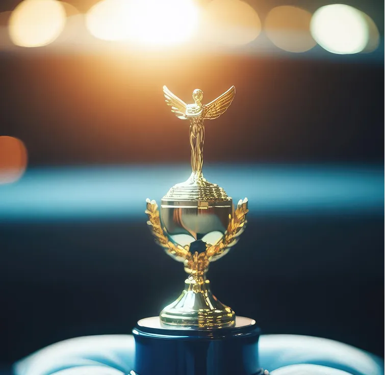 Golden trophy with a winged figure on top against a blurred background of lights.