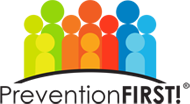 PreventionFIRST! logo: group of ten illustrative people in shades of green, orange, red and blue 