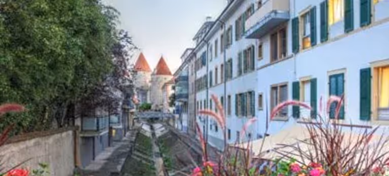 Vue de rue avec canal, fleurs au premier plan, bâtiments blancs et tours à toit rouge en arrière-plan.