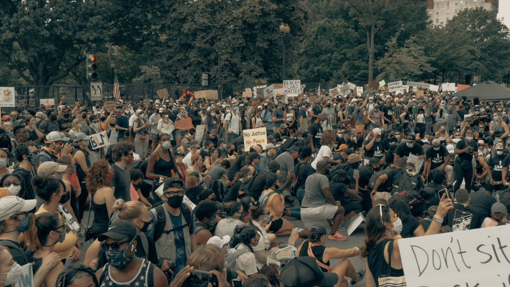 A large BLM protest with people in masks