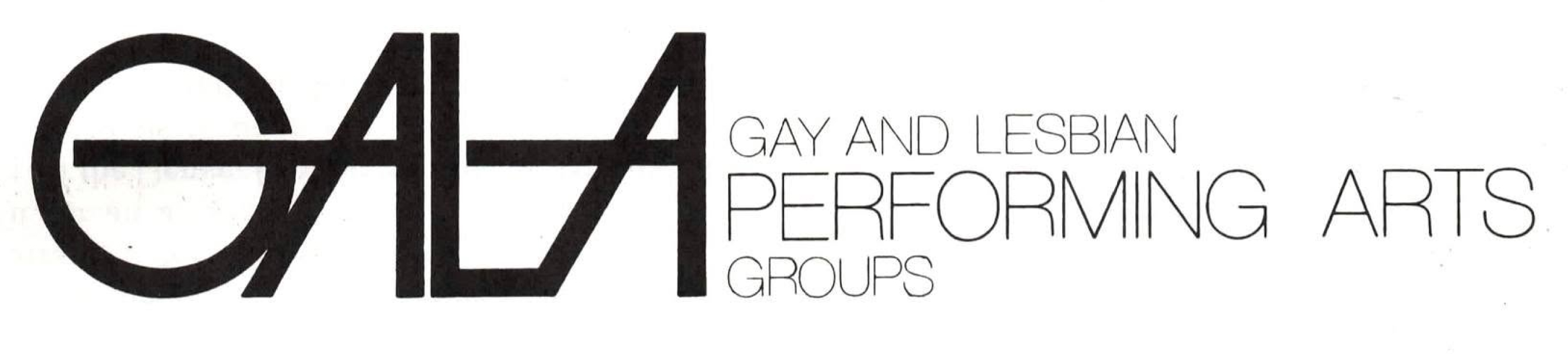 An early black and white version of the GALA logo with the full name listed as "Gay and Lesbian Performing Arts Groups," circa 1982