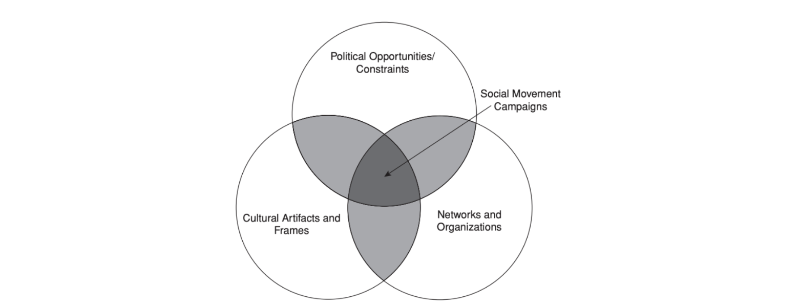 A Venn Diagram of three circles each representing Political Opportunities/Constraints, Cultural Artifacts and Frames, and Networks and Organizations. Their overlap in the center stands for Social Movement Campaings.