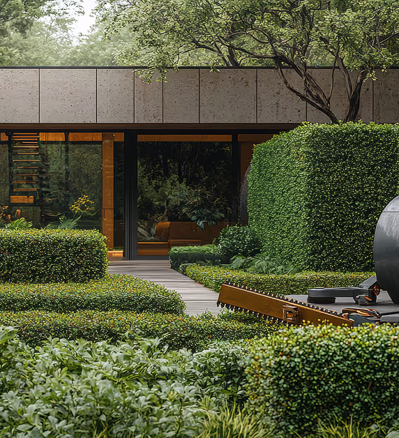 Jardin contemporain avec haies taillées et maison design en arrière-plan