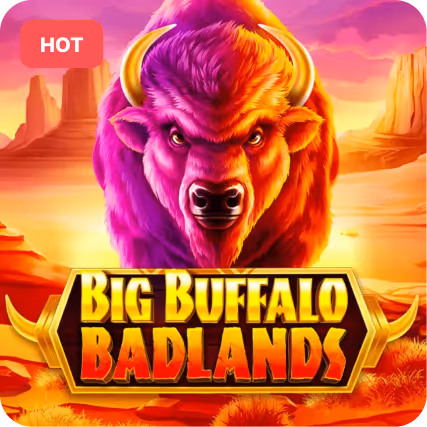 Illustrated fierce purple buffalo with large yellow horns against a desert background and bold text reading Big Buffalo Badlands.