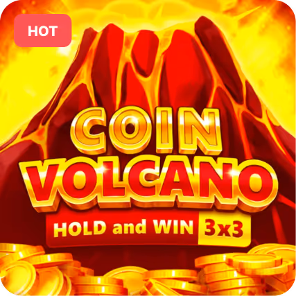 Coin Volcano game logo with a red volcano background, gold coins at the bottom, and text reading 'COIN VOLCANO HOLD and WIN 3x3'.