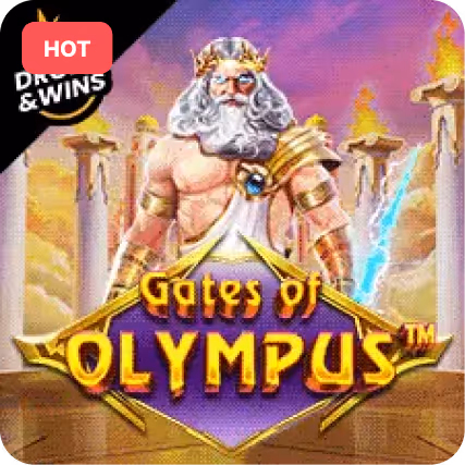 Illustration of Zeus holding a lightning bolt with Gates of Olympus game title beneath.