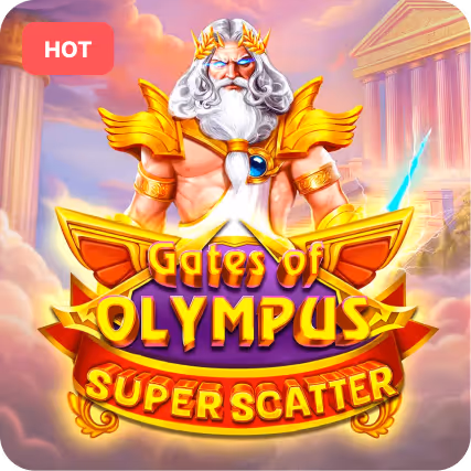Illustration of Zeus with glowing eyes and golden armor holding a lightning bolt behind the text Gates of Olympus Super Scatter with a hot label.