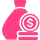 Pink and red stylized illustration of stacked coins with a dollar sign.