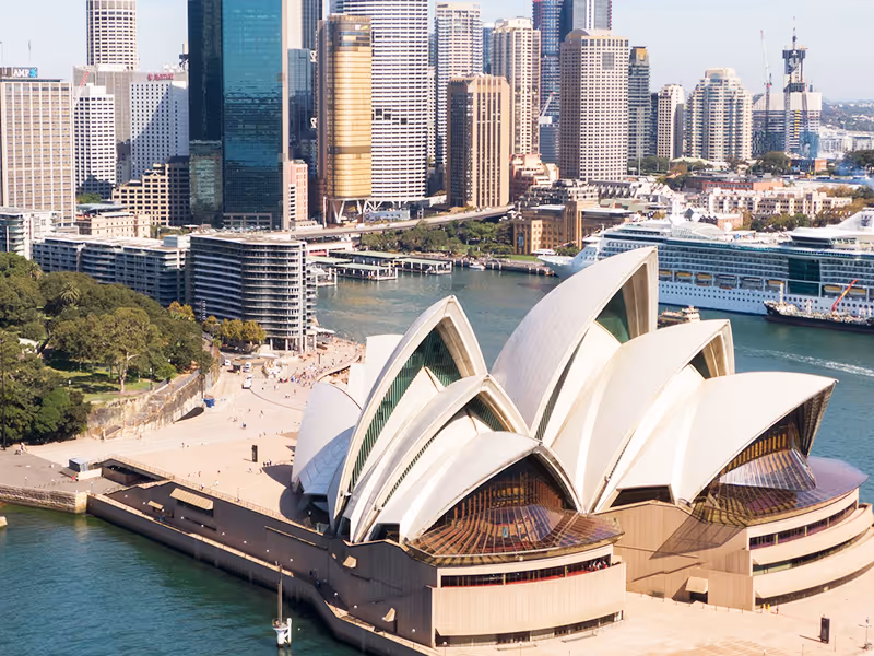Drone shot of the Sydney Opera House and the skyline in the background