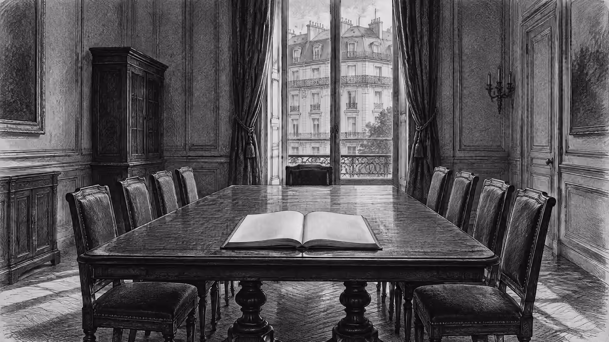 Lithographie style Daumier : salle de réunion de copropriété avec registre ouvert