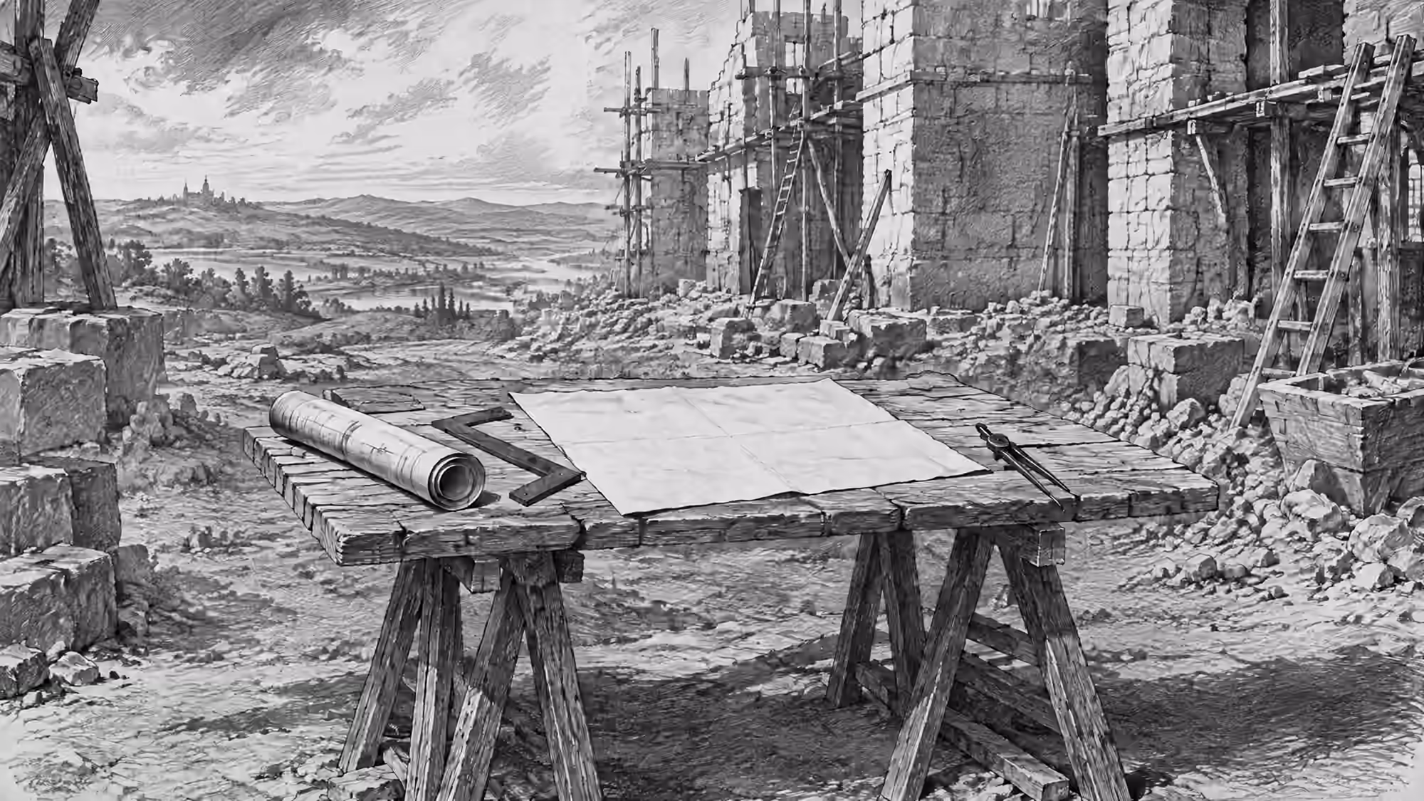 Lithographie style Daumier : négociation autour d'un contrat de chantier, échafaudages en arrière-plan