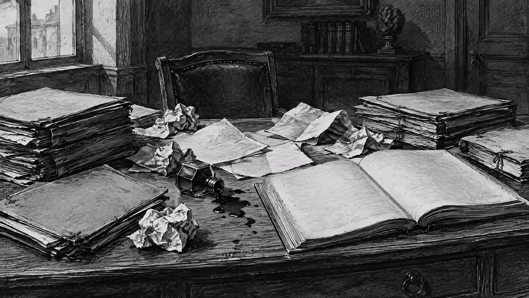 Lithographie style Daumier : bureau encombré de documents évoquant un désaccord commercial