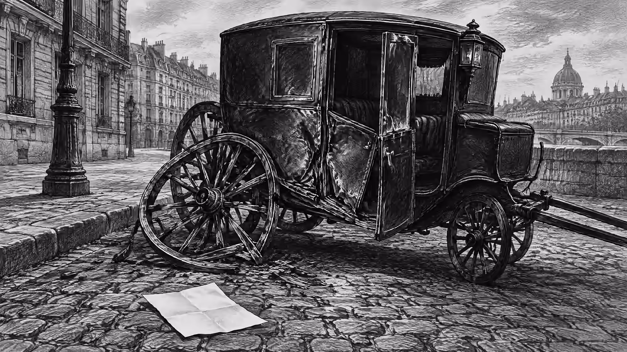 Lithographie style Daumier : fiacre accidenté au bord d'une rue pavée