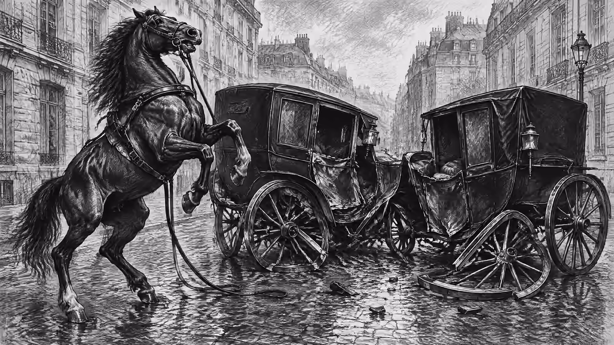 Lithographie style Daumier : collision entre deux fiacres sur une rue pavée parisienne