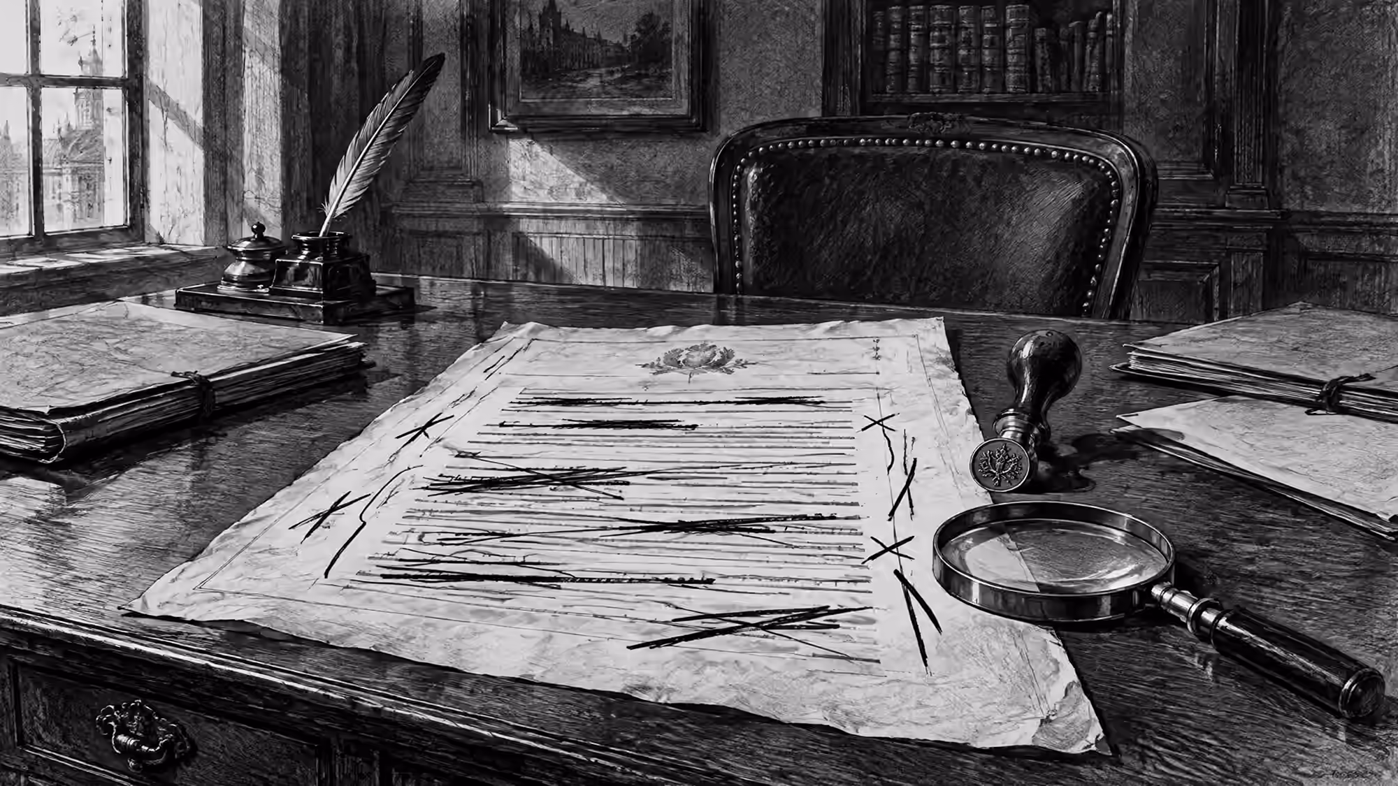 Lithographie style Daumier : bureau de professionnel avec acte annoté et loupe