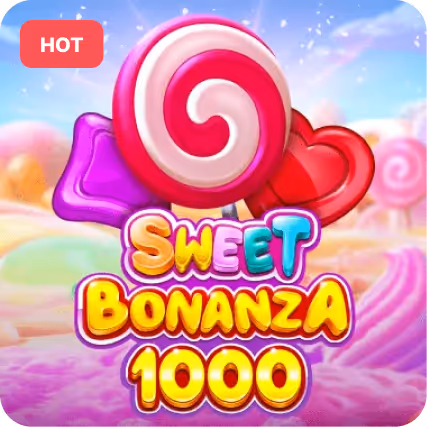 Sweet Bonanza 1000 game logo featuring colorful candy shapes and a red 'HOT' label in a whimsical candy land background.