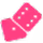 Pink six-sided die with black dots showing the number five on top.
