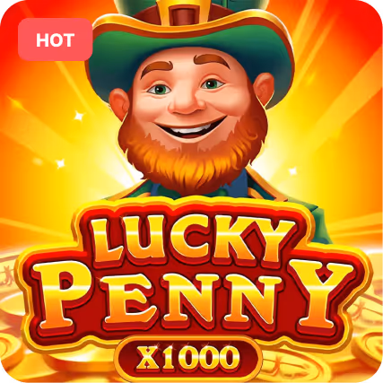Cartoon leprechaun with red beard and green hat smiling behind text reading 'Lucky Penny x1000' with a red 'Hot' label in the corner.