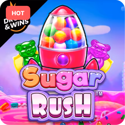Colorful candy dispenser with gummy bears and the text Sugar Rush on a bright background.