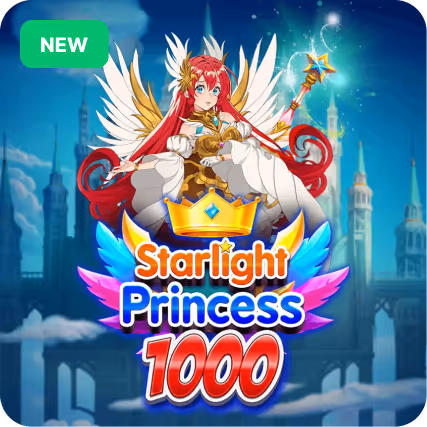 Illustration of a red-haired princess with wings holding a magical staff above the text 'Starlight Princess 1000' with a crown and colorful wings backdrop.