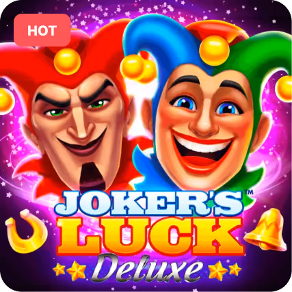 Colorful Joker's Luck Deluxe game logo featuring two jester faces on a sparkling purple background with a horseshoe and bell icons.