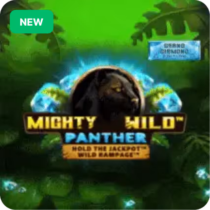 Advertisement for 'Mighty Wild Panther' game featuring a black panther head with glowing blue background and jungle leaves.